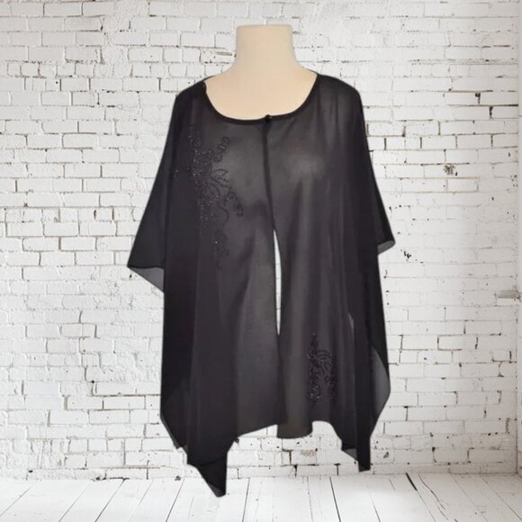 R & M Richards Beaded Chiffon Cape Black - Picture 1 of 8